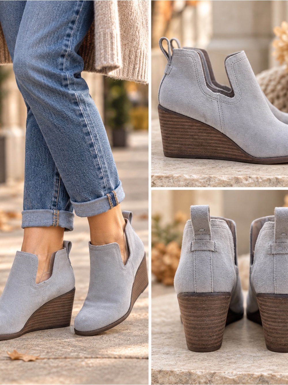 TOMS Kallie Wedge Ankle Booties 7 Light Blue Gray Suede Western Bohemian Cutout